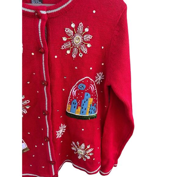 Vintage All Points Christmas Holiday Cardigan Felt Appliques Snow Globes SMALL - Picture 2 of 8